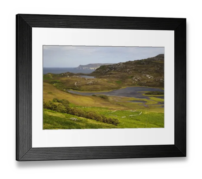 Framed Print : View of rocky hillside overlooking freshwater loch and north coast, Loch Ach an Lochaidh, Sutherland, Highlands Framed Print : View of rocky hillside overlooking freshwater loch and north coast, Loch Ach an Lochaidh, Sutherland, Highlands