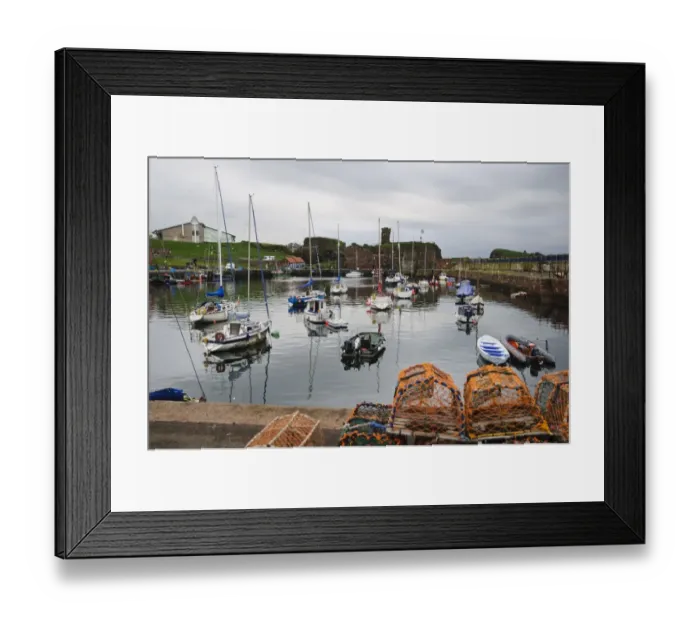 Framed Print : View of harbour with lobster pots, boats and ruined castle in background, Dunbar Castle, Dunbar Harbour, Dunbar Framed Print : View of harbour with lobster pots, boats and ruined castle in background, Dunbar Castle, Dunbar Harbour, Dunbar