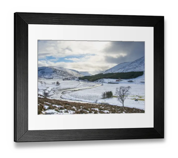 Framed Print : View of upland valley with river in snow, River Dee Valley, near Braemar, looking west towards summit of Creag Bhaig Framed Print : View of upland valley with river in snow, River Dee Valley, near Braemar, looking west towards summit of Creag Bhaig