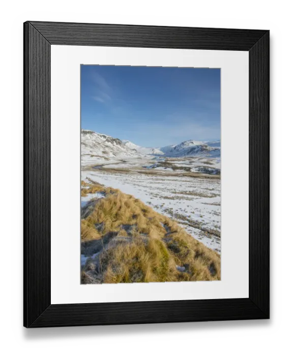Framed Print : View of snow covered upland habitat with river, looking towards Glenshee Ski Resort, Clunie Water, Cairngorm Mountains Framed Print : View of snow covered upland habitat with river, looking towards Glenshee Ski Resort, Clunie Water, Cairngorm Mountains