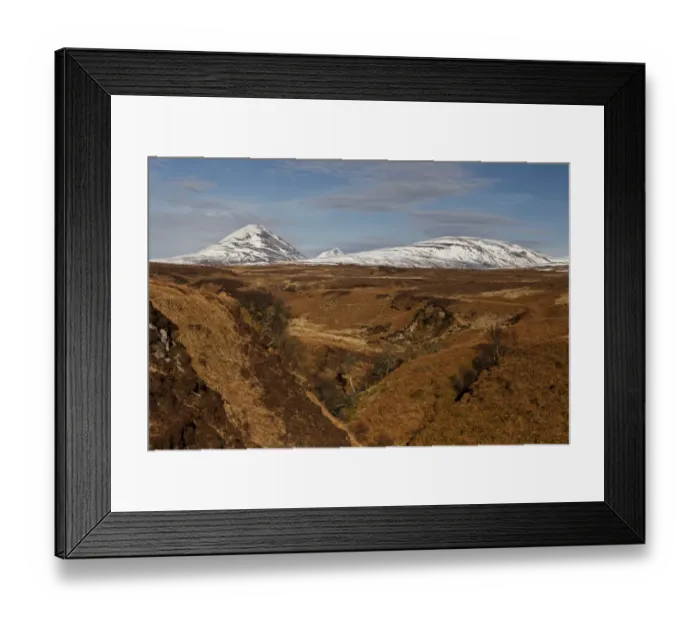 Framed Print : View of moorland habitat and snow covered mountain peaks, viewed across Abhainn Mhor Framed Print : View of moorland habitat and snow covered mountain peaks, viewed across Abhainn Mhor