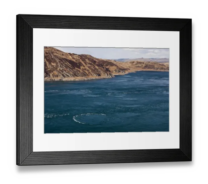 Framed Print : View of coastline with whirlpools in narrow strait, looking towards Isle of Scarba, Gulf of Corryvreckan, Isle of Jura