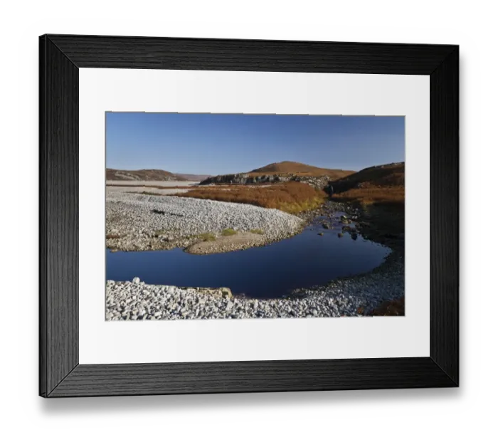 Framed Print : View of raised beach and waterfall near freshwater lochan, Maol an t-Sornaich, Isle of Jura, Inner Hebrides, Scotland Framed Print : View of raised beach and waterfall near freshwater lochan, Maol an t-Sornaich, Isle of Jura, Inner Hebrides, Scotland