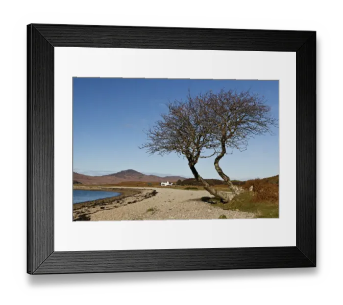 Framed Print : View of coastline and remote cottage, Inver Cottage, only inhabited house on west coast north from Feolin