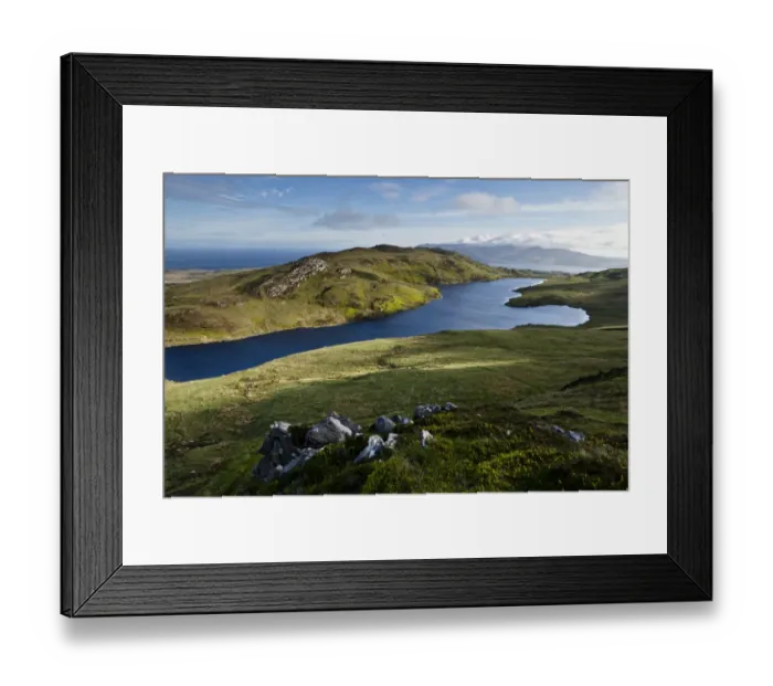 Framed Print : View of freshwater loch and coastline, viewed from halfway up Dubh Bheinn across east coast of Islay
