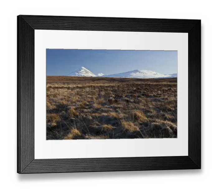 Framed Print : View of moorland habitat with snow covered mountain peaks in background, Paps of Jura, viewed from Feolin Framed Print : View of moorland habitat with snow covered mountain peaks in background, Paps of Jura, viewed from Feolin
