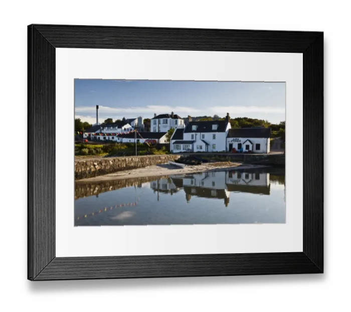 Framed Print : View of coastal village, Jura Distillery, Lodge, Cooperage and Jura Stores, Craighouse, Isle of Jura, Inner Hebrides
