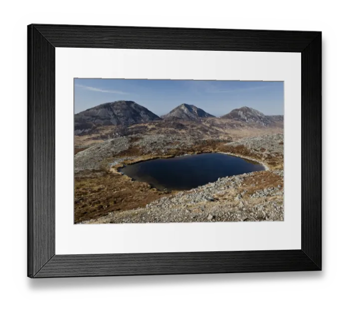 Framed Print : View of small freshwater lochan at top of marilyn hill, with Paps of Jura mountain peaks in background, Glas Bheinn Framed Print : View of small freshwater lochan at top of marilyn hill, with Paps of Jura mountain peaks in background, Glas Bheinn