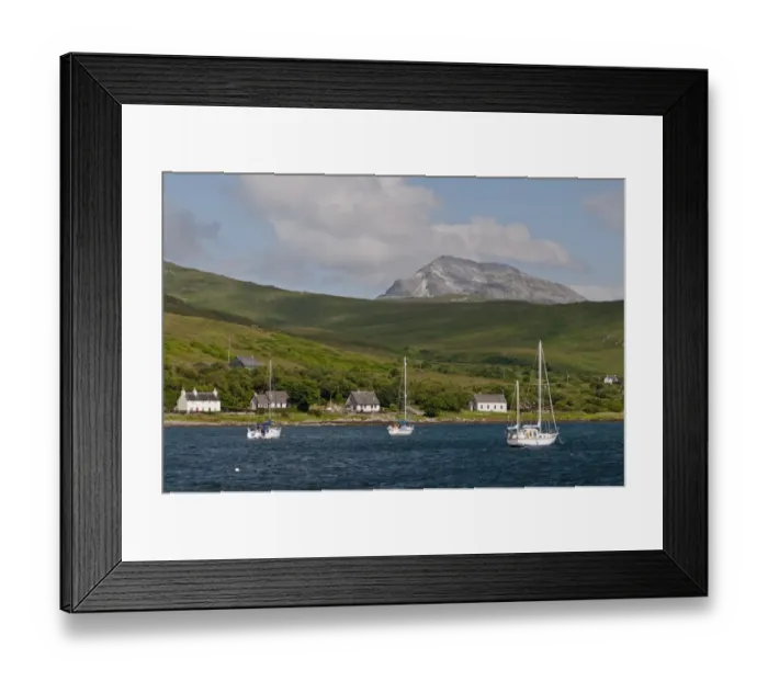 Framed Print : View of yachts moored in bay, with Beinn an Oir, Paps of Jura in background, Craighouse Bay, Isle of Jura Framed Print : View of yachts moored in bay, with Beinn an Oir, Paps of Jura in background, Craighouse Bay, Isle of Jura