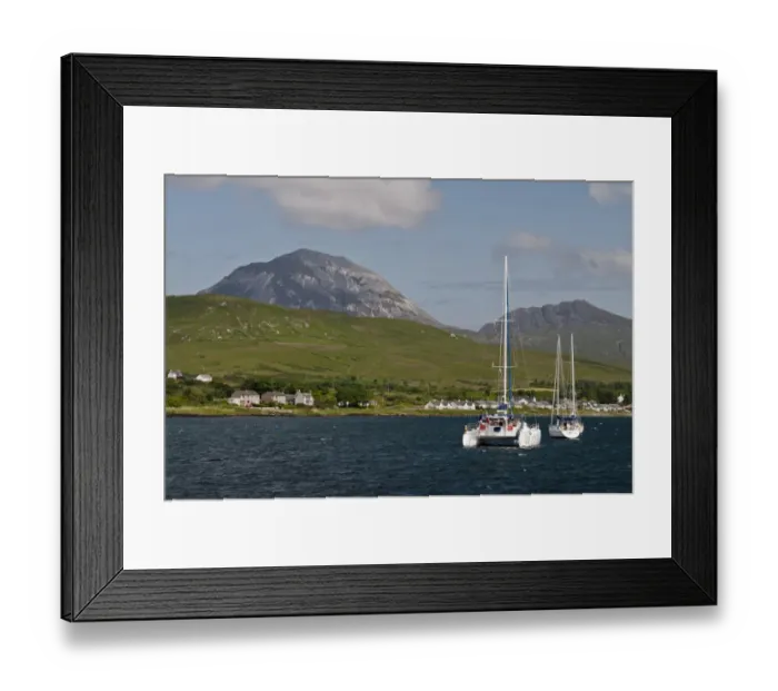 Framed Print : View of yachts moored in bay, with Beinn Shiantaidh and Corra Bheinn, Paps of Jura in background, Craighouse Bay Framed Print : View of yachts moored in bay, with Beinn Shiantaidh and Corra Bheinn, Paps of Jura in background, Craighouse Bay