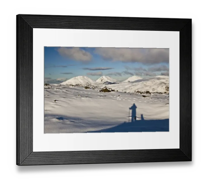 Framed Print : Shadow of man and dog looking towards snow covered mountain peaks, viewed from Dubh Bheinn, Paps of Jura, Isle of Jura Framed Print : Shadow of man and dog looking towards snow covered mountain peaks, viewed from Dubh Bheinn, Paps of Jura, Isle of Jura