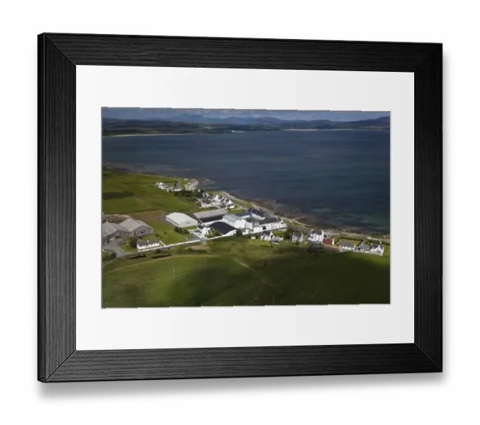Framed Print : Aerial view of coastline with village and whisky distillery, Bunnahabhain Distillery, Loch Indaal, Rinns of Islay Framed Print : Aerial view of coastline with village and whisky distillery, Bunnahabhain Distillery, Loch Indaal, Rinns of Islay