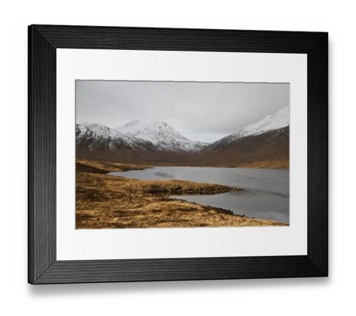 Framed Print : View across freshwater loch towards fishing hut, with snow covered mountain peak in background, Loch an t-Siob Framed Print : View across freshwater loch towards fishing hut, with snow covered mountain peak in background, Loch an t-Siob