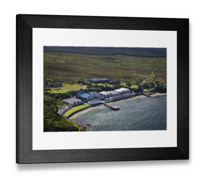 Framed Print : Aerial view of coastline and whisky distillery, Bunnahabhain Distillery, Isle of Islay, Inner Hebrides, Scotland Framed Print : Aerial view of coastline and whisky distillery, Bunnahabhain Distillery, Isle of Islay, Inner Hebrides, Scotland