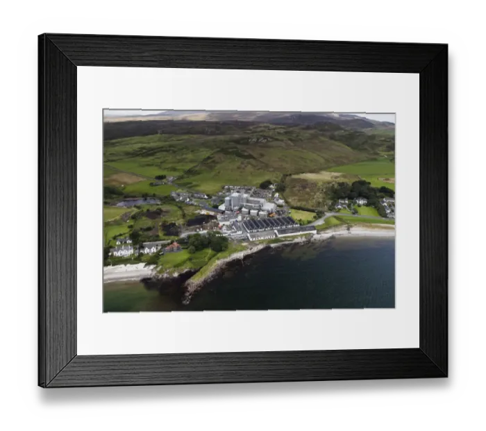 Framed Print : Aerial view of coastline with maltings and town, Port Ellen Distillery, Port Ellen, Isle of Islay, Inner Hebrides Framed Print : Aerial view of coastline with maltings and town, Port Ellen Distillery, Port Ellen, Isle of Islay, Inner Hebrides