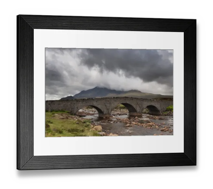 Framed Print : View of moorland river with old Sligachan Bridge and mountains, Sgurr nan Gillean, Cuillin Mountains, Glen Sligachan Framed Print : View of moorland river with old Sligachan Bridge and mountains, Sgurr nan Gillean, Cuillin Mountains, Glen Sligachan