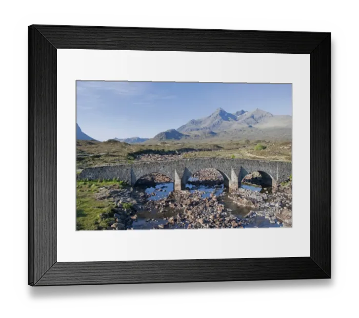 Framed Print : View of moorland river with old Sligachan Bridge and mountains, Sgurr nan Gillean, Cuillin Mountains, Glen Sligachan Framed Print : View of moorland river with old Sligachan Bridge and mountains, Sgurr nan Gillean, Cuillin Mountains, Glen Sligachan