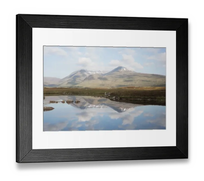 Framed Print : View of moorland landscape with mountains reflected in freshwater loch, Glencoe Mountains, Loch nah-Achlaise