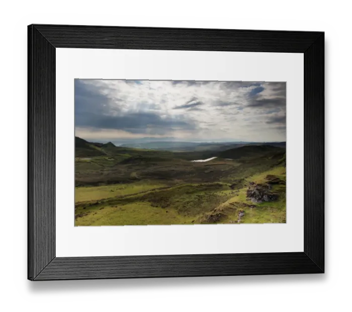 Framed Print : View across moorland towards coastline, with Applecross Peninsula in distance, looking from The Quiraing Framed Print : View across moorland towards coastline, with Applecross Peninsula in distance, looking from The Quiraing