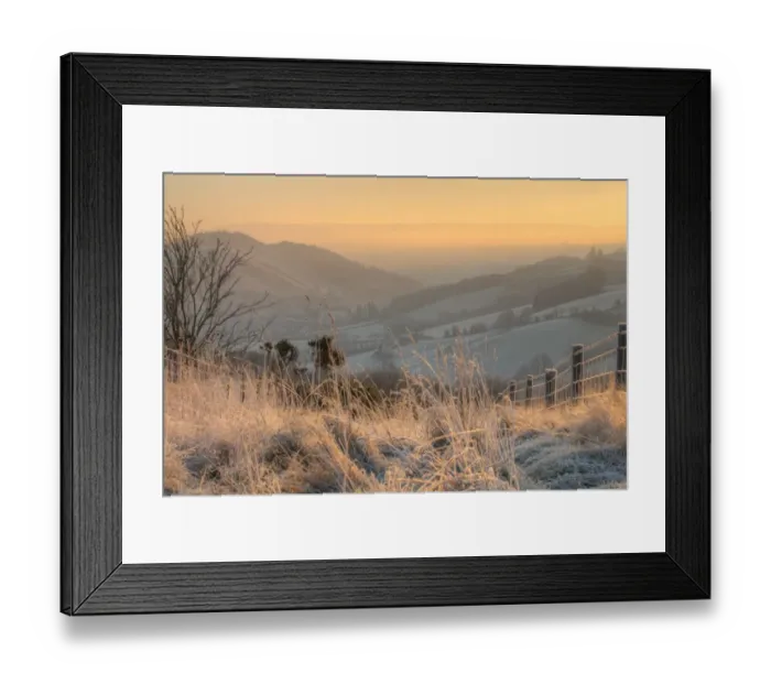 Framed Print : View of valley with pre-dawn frost, with sun rising on far hills, Upper Severn (Hafren) Valley, near Llanidloes, Powys Framed Print : View of valley with pre-dawn frost, with sun rising on far hills, Upper Severn (Hafren) Valley, near Llanidloes, Powys