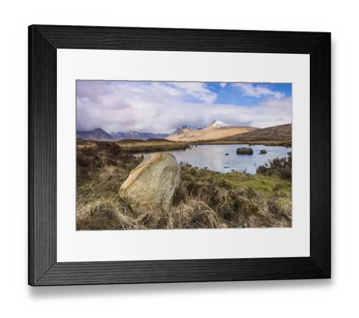 Framed Print : View of moorland landscape with freshwater loch, Loch nah-Achlaise in foreground with Clach Leathad Framed Print : View of moorland landscape with freshwater loch, Loch nah-Achlaise in foreground with Clach Leathad
