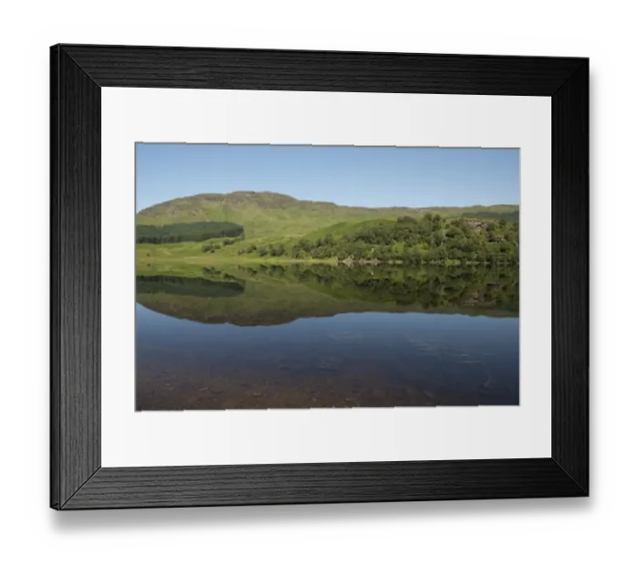 Framed Print : View of hills reflected in freshwater loch, Loch Lubhair, near Crianlarich, Trossachs, Stirling, Scotland, July