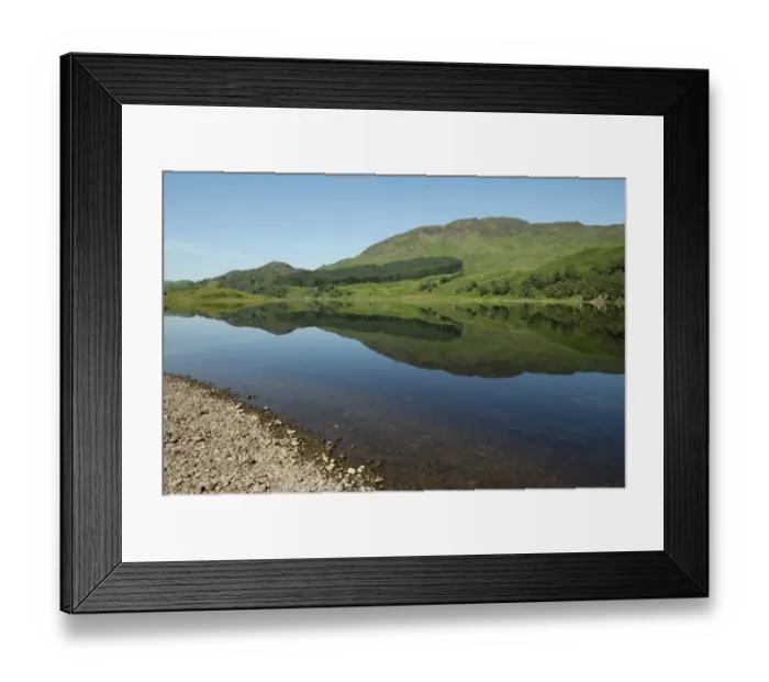 Framed Print : View of shore and hills reflected in freshwater loch, Loch Lubhair, near Crianlarich, Trossachs, Stirling, Scotland Framed Print : View of shore and hills reflected in freshwater loch, Loch Lubhair, near Crianlarich, Trossachs, Stirling, Scotland