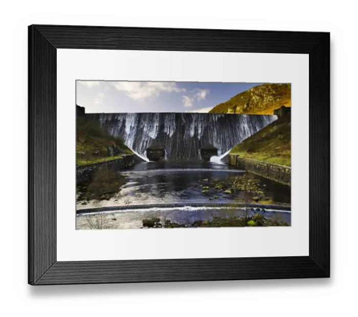Framed Print : View of reservoir dam and overflow, Caban Coch, Garreg Ddu Reservoir, Elan Valley, near Rhayader, Powys, Wales Framed Print : View of reservoir dam and overflow, Caban Coch, Garreg Ddu Reservoir, Elan Valley, near Rhayader, Powys, Wales