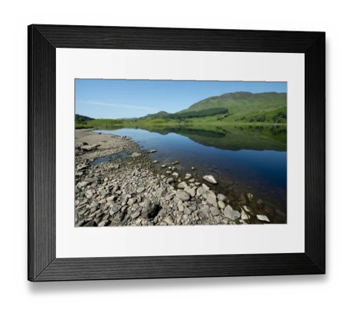 Framed Print : View of shore and hills reflected in freshwater loch, Loch Lubhair, near Crianlarich, Trossachs, Stirling, Scotland Framed Print : View of shore and hills reflected in freshwater loch, Loch Lubhair, near Crianlarich, Trossachs, Stirling, Scotland