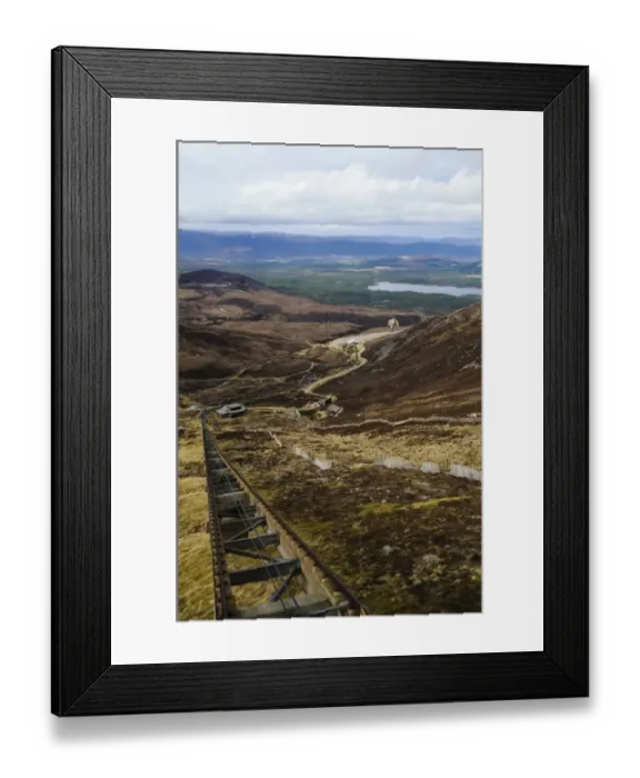 Framed Print : View from funicular railway on snowless mountain, with Aviemore and Loch Morlich in distance, Cairn Gorm Framed Print : View from funicular railway on snowless mountain, with Aviemore and Loch Morlich in distance, Cairn Gorm