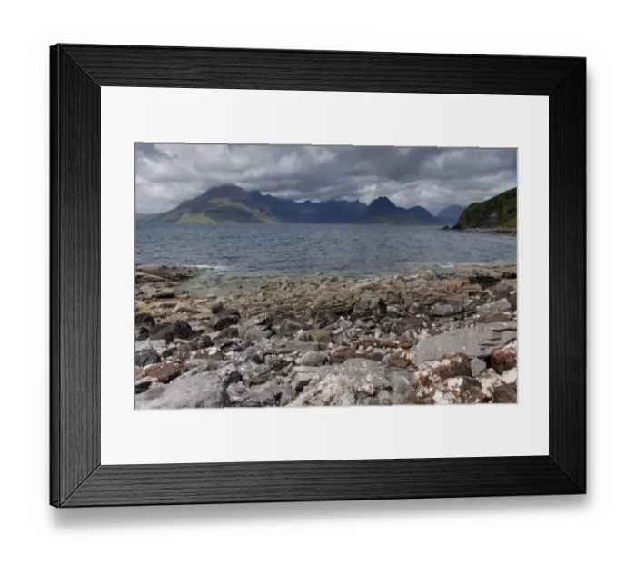 Framed Print : View from rocky beach across sea loch towards, Cullin Mountains, Loch Scavaig, Elgol, Strathaird Peninsula Framed Print : View from rocky beach across sea loch towards, Cullin Mountains, Loch Scavaig, Elgol, Strathaird Peninsula