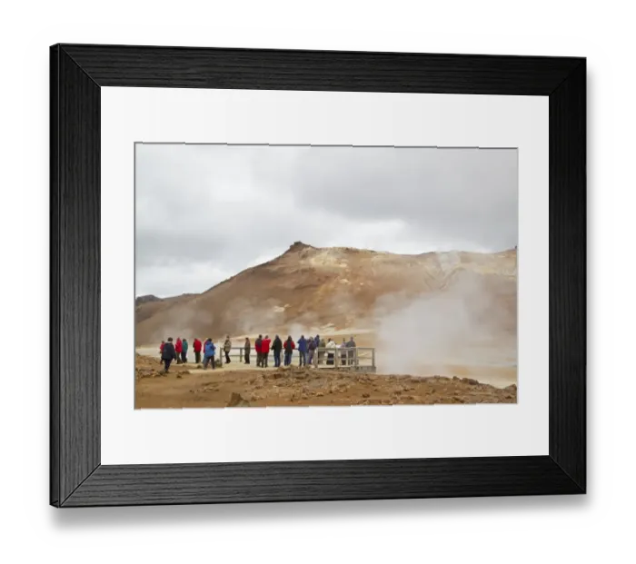 Framed Print : Geothermal activity with tourists on viewing platform, Namafjall, Myvatn, Iceland, May Framed Print : Geothermal activity with tourists on viewing platform, Namafjall, Myvatn, Iceland, May