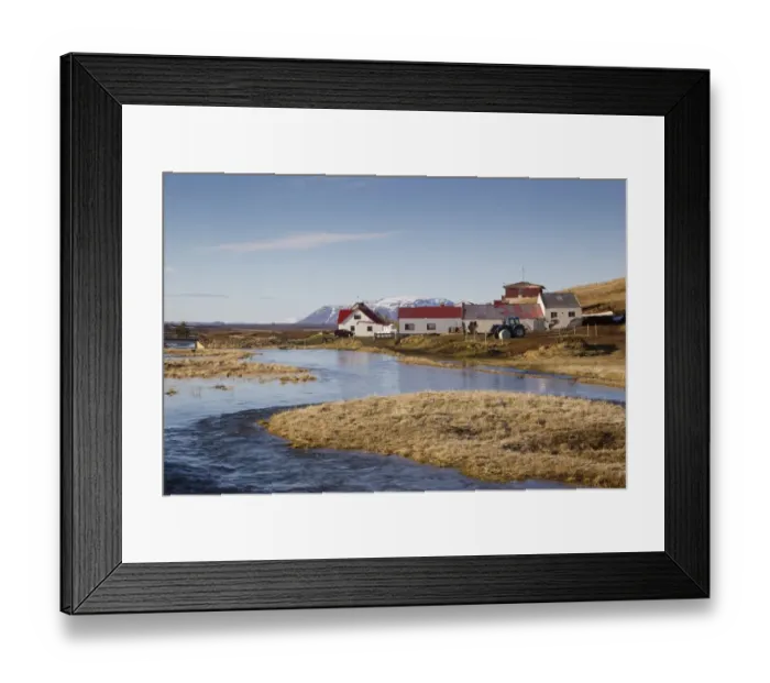 Framed Print : View of river and farm buildings, River Laxa, Myvatn, Iceland, May Framed Print : View of river and farm buildings, River Laxa, Myvatn, Iceland, May