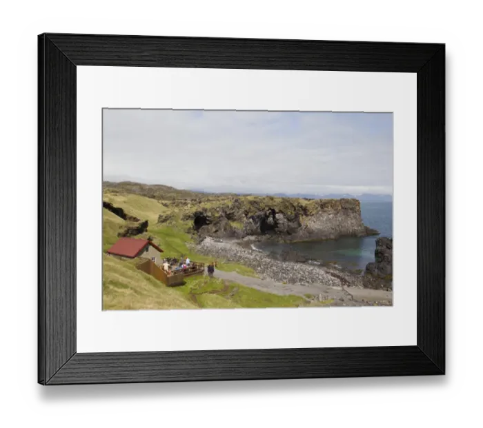 Framed Print : Cafe with tourists beside cove, Hellnar, Snaefellsness Peninsula, Iceland, June Framed Print : Cafe with tourists beside cove, Hellnar, Snaefellsness Peninsula, Iceland, June