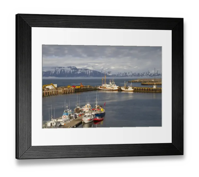 Framed Print : View of whalewatching and fishing boats in coastal harbour, Husavik, Skjalfandi Bay, Iceland, May