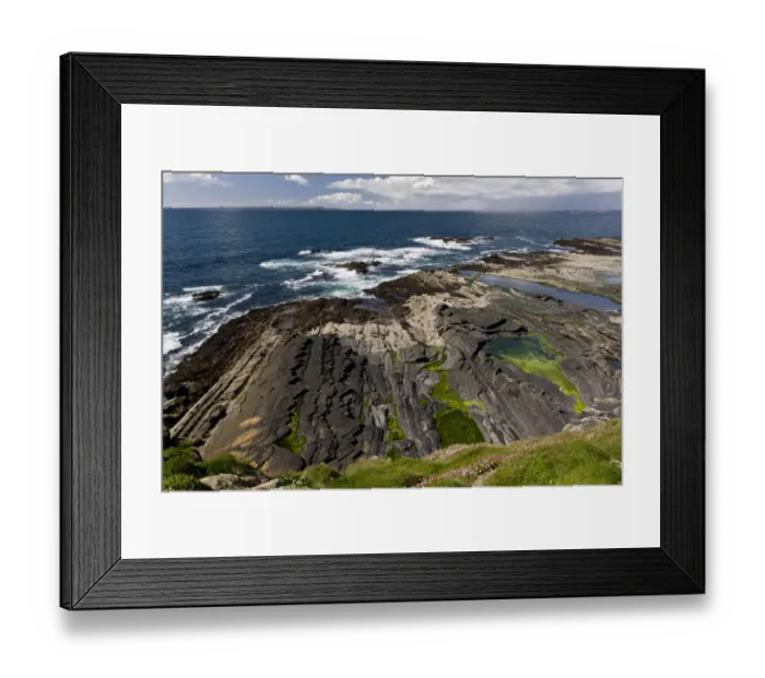Framed Print : View north from Cliffs of Moher across sandstone and siltstone shore towards Doolin and Galway Bay, The Burren Framed Print : View north from Cliffs of Moher across sandstone and siltstone shore towards Doolin and Galway Bay, The Burren