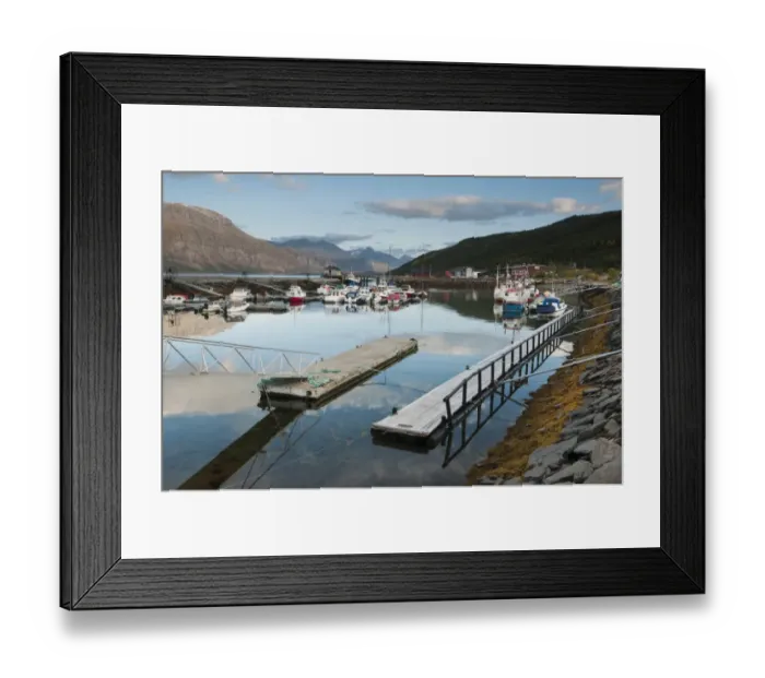 Framed Print : Boats moored in harbour at sunrise, Skibotn, Lyngen Fjord, Troms County, Lapland, North Norway, September Framed Print : Boats moored in harbour at sunrise, Skibotn, Lyngen Fjord, Troms County, Lapland, North Norway, September
