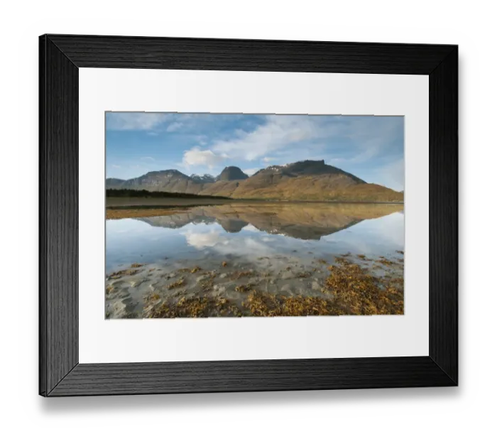 Framed Print : Mountains reflected in fjord during low tide at sunrise, Skibotn, Lyngen Fjord, Troms County, Lapland, North Norway Framed Print : Mountains reflected in fjord during low tide at sunrise, Skibotn, Lyngen Fjord, Troms County, Lapland, North Norway