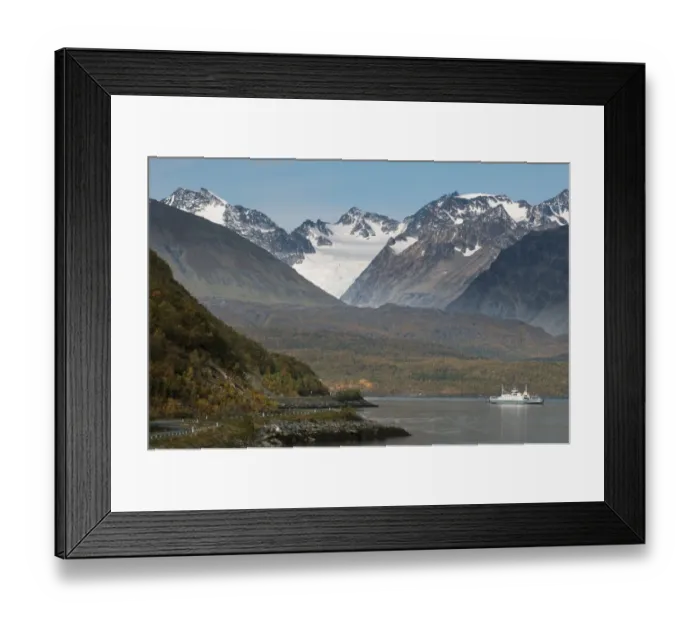 Framed Print : View of fjord and mountains, with boat and highway along shore, Lyngen Fjord, Troms County, Lapland, North Norway Framed Print : View of fjord and mountains, with boat and highway along shore, Lyngen Fjord, Troms County, Lapland, North Norway
