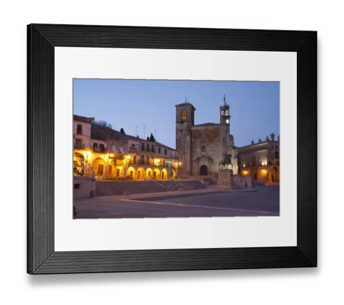 Framed Print : View of city square and church at dusk, Plaza Mayor, Trujillo, Caceres Province, Extremadura, Spain, April Framed Print : View of city square and church at dusk, Plaza Mayor, Trujillo, Caceres Province, Extremadura, Spain, April