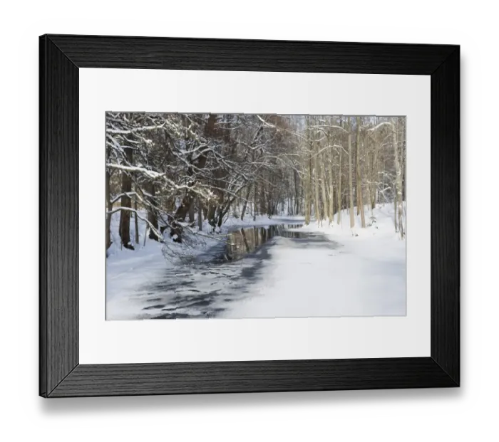 Framed Print : View of partially frozen river in snow covered forest habitat, Angelsberg, Vastmanland, Sweden, february Framed Print : View of partially frozen river in snow covered forest habitat, Angelsberg, Vastmanland, Sweden, february