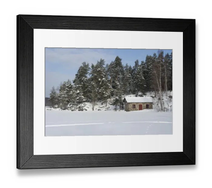Framed Print : View of cabin in snow, Oljeon (Oil Island), Angelsberg, Fagersta Municipality, Vastmanland, Sweden, february Framed Print : View of cabin in snow, Oljeon (Oil Island), Angelsberg, Fagersta Municipality, Vastmanland, Sweden, february