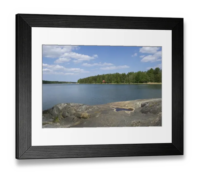 Framed Print : View of cottage in coastal bay, Baltic Sea, Uppland, Sweden, may