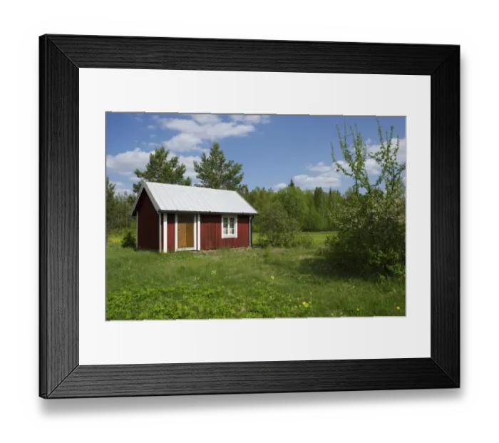 Framed Print : Small red cottage beside forest, Hallnas, Vasterbotten County, Sweden, may Framed Print : Small red cottage beside forest, Hallnas, Vasterbotten County, Sweden, may