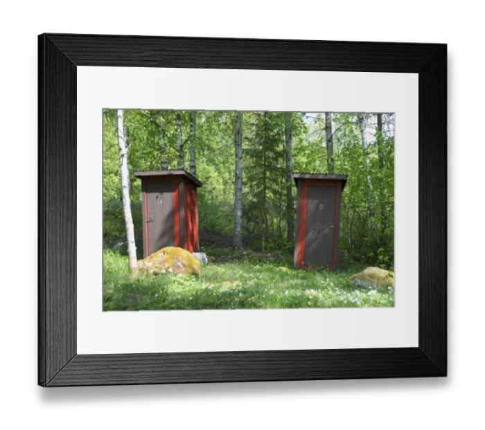 Framed Print : Outside lavatories for gentlemen (H) and ladies (D) at edge of forest, Sweden, may Framed Print : Outside lavatories for gentlemen (H) and ladies (D) at edge of forest, Sweden, may