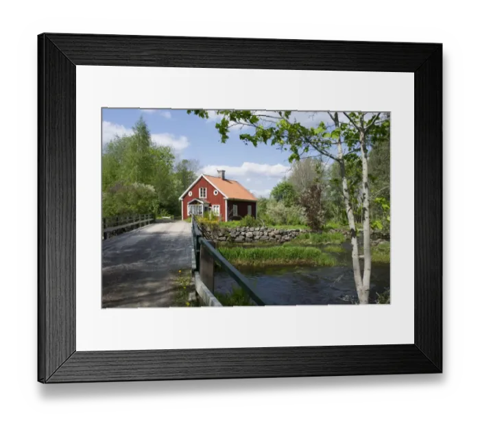 Framed Print : View of bridge over river and red house, Uppland, Sweden, may Framed Print : View of bridge over river and red house, Uppland, Sweden, may
