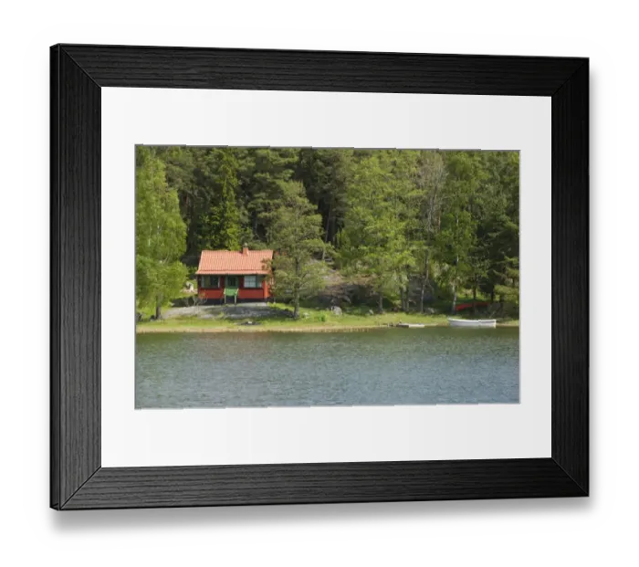 Framed Print : View of cottage and boat in coastal bay, Baltic Sea, Uppland, Sweden, may Framed Print : View of cottage and boat in coastal bay, Baltic Sea, Uppland, Sweden, may