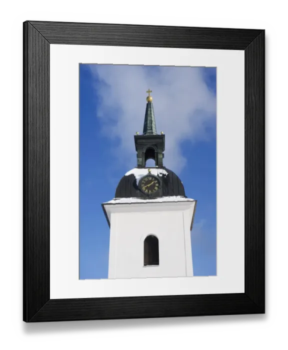 Framed Print : Church tower with snow, Vastervala Church, Vastmanland, Sweden, february