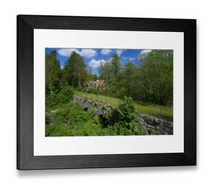 Framed Print : View of old stone bridge and red house, Gryttjom, Uppsala, Sweden, may Framed Print : View of old stone bridge and red house, Gryttjom, Uppsala, Sweden, may