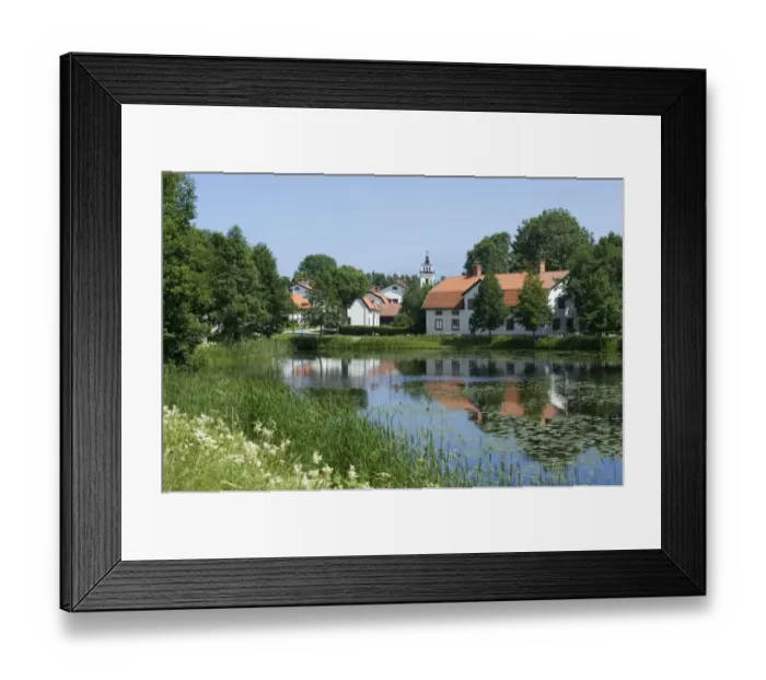 Framed Print : View of pond and historic ironworks village, Forsmarks, Uppland, Sweden, july Framed Print : View of pond and historic ironworks village, Forsmarks, Uppland, Sweden, july